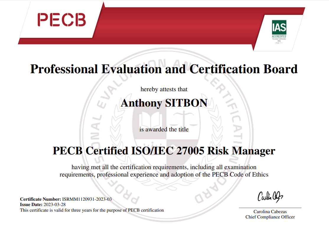Anthony Sitbon certifié ISO 27005