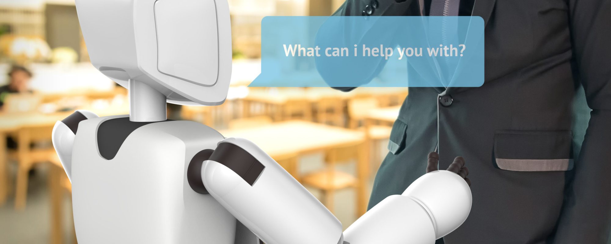 Artificial intelligence , ai concept. Businessman suit use self-driving robot assistant , robo-advisor ask customer to help dialog graphic. 3d Rendering. martketing