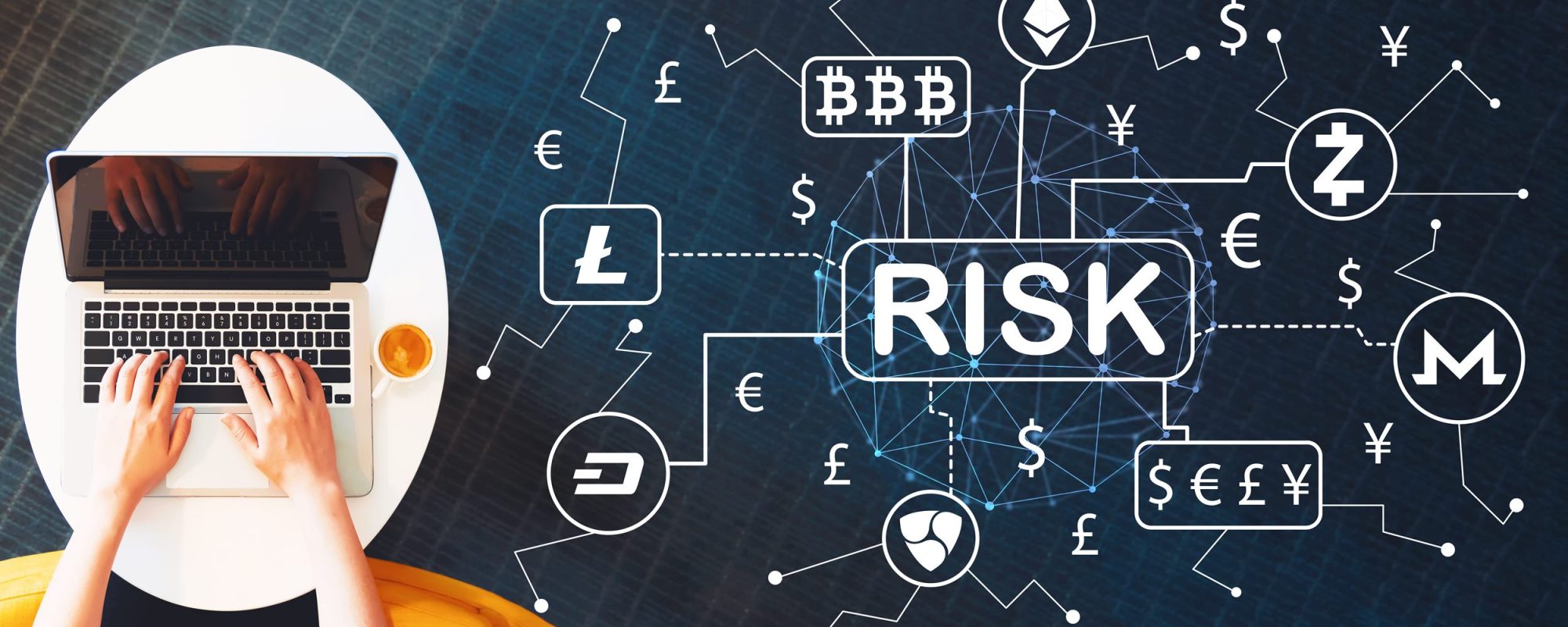 Cryptocurrency ICO risk theme with person using a laptop point de contact central
