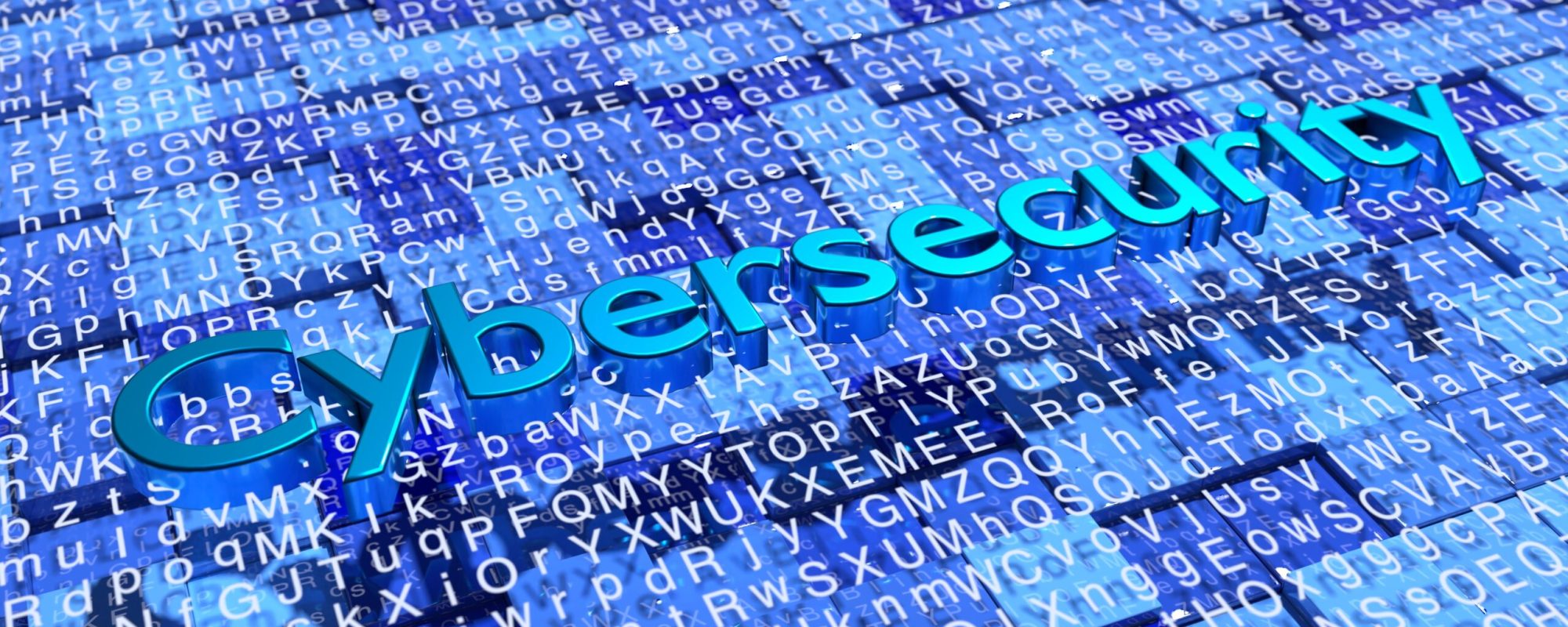 Grid with random letters floating above blue cubes with different height Panorama de la cybermenace 2024