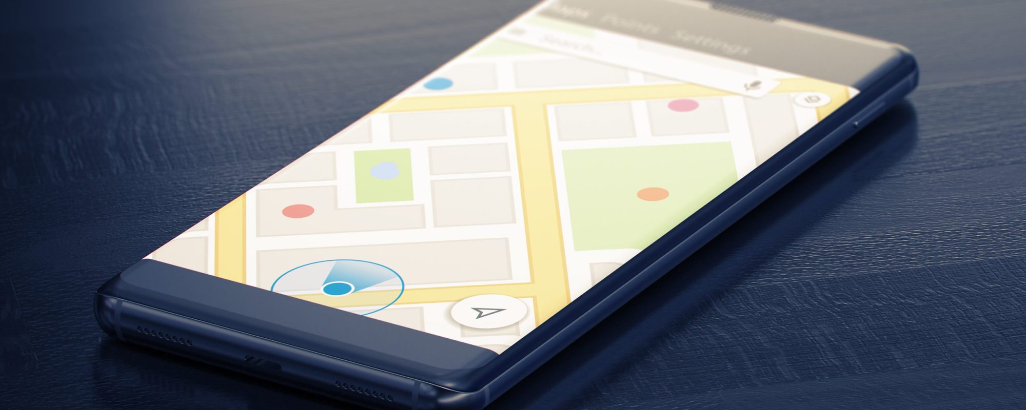 GEO TARGETING on a Mobile Phone. 3D Render. GEO TARGETING on a Mobile Phone. Online Map on a Screen. Close-up Image of Modern Smartphone with Mao or Geo Tracking on Dark Surface. Map Tracking or Geolocation Concept. 3D Render.