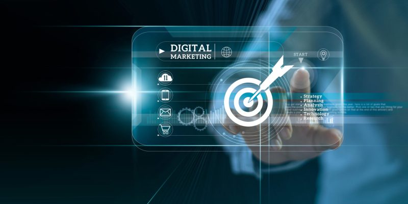 Digital marketing. Businessman touching start button on modern i Digital marketing. Businessman touching start button on modern interface to business target and icon customer network connection on virtual screen. Business innovation technology concept.