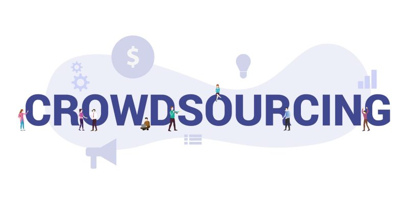 crowdsourcing concept with big word or text and team people with modern flat style – vector avocat crowdsourcing