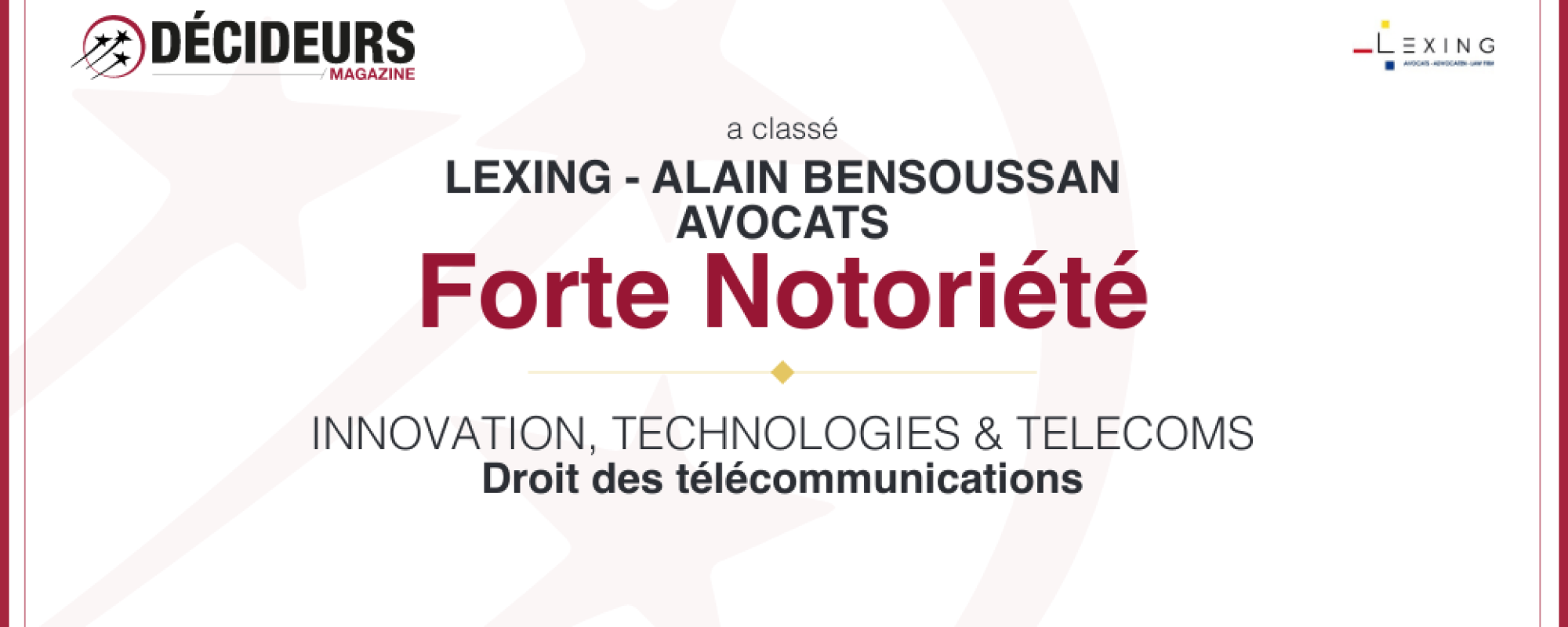 Décideurs 2024 Forte notoriété en Droit des télécommunications forte notoriété en Télécoms