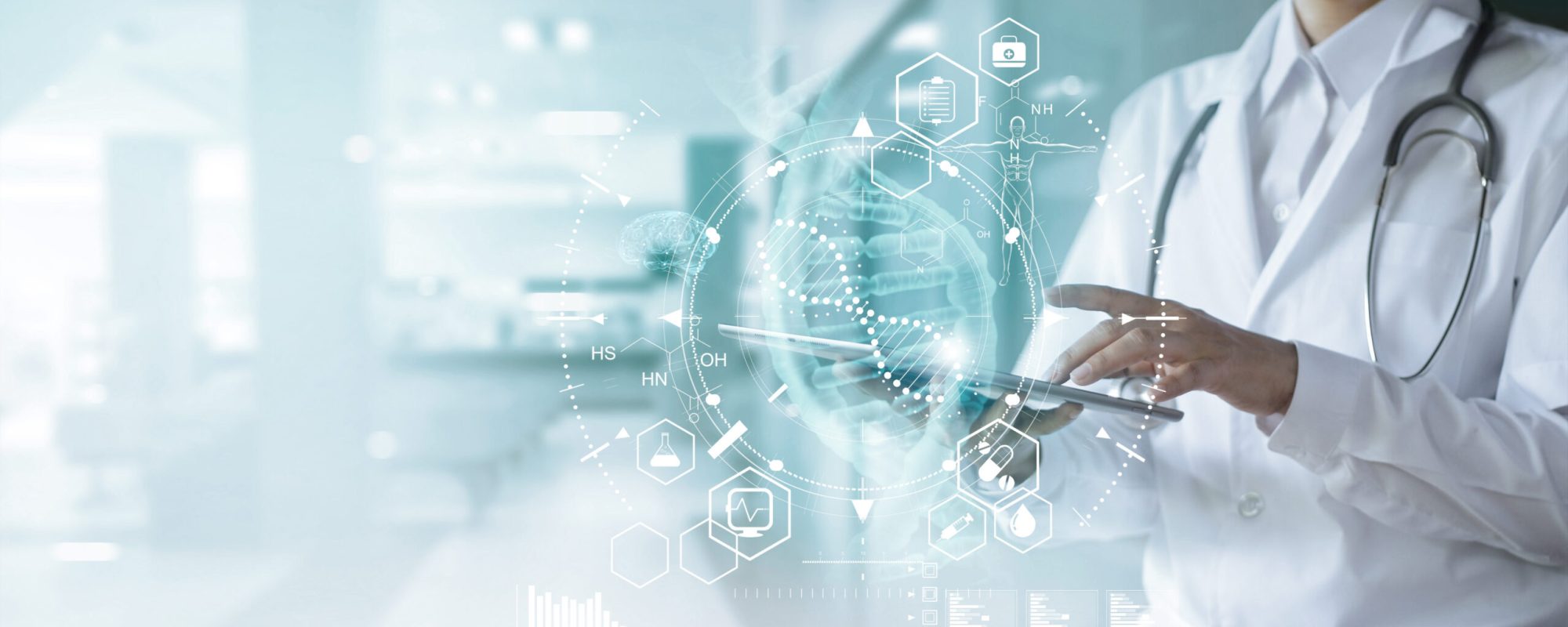 Medicine doctor touching electronic medical record on tablet. DNA. Digital healthcare and network connection on hologram modern virtual screen interface, medical technology and futuristic concept. 2025 Intelligence artificielle, santé