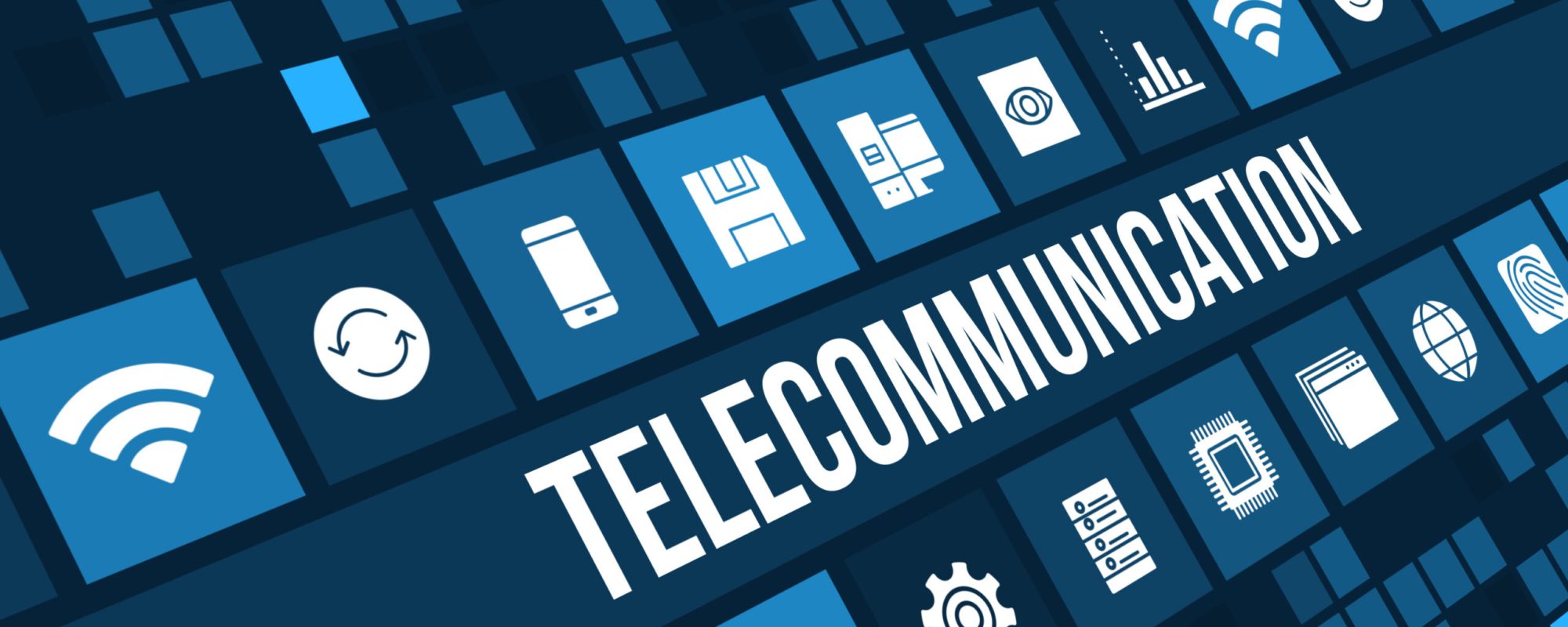 Telecommunication concept image with technology icons and copyspace différend France Télécom